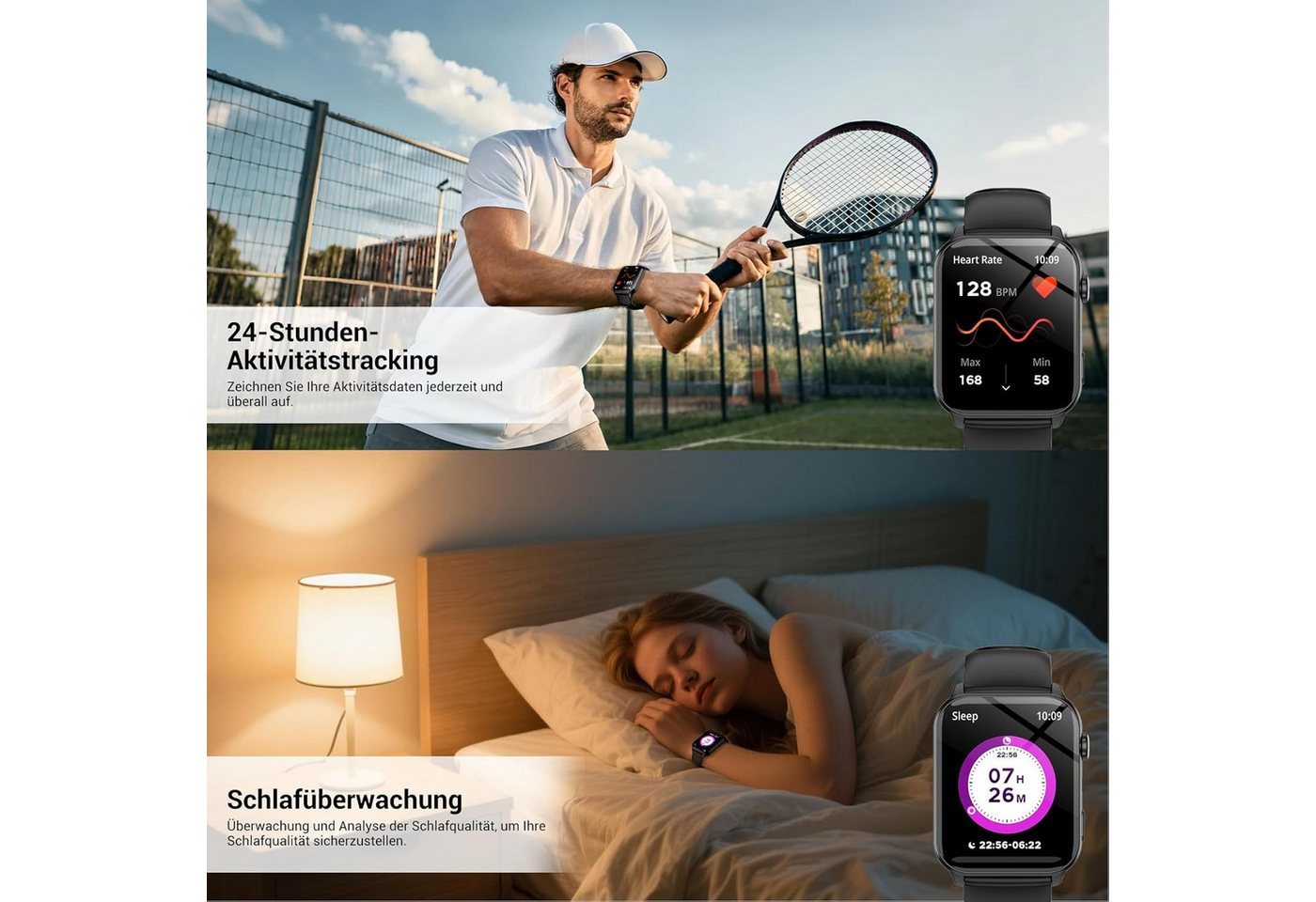 IOWODO Smartwatch Damen Herren 1,91" HD Touch, mit LED Lampe& Bluetooth Anruf Smartwatch, 3xRiemen (Metallarmband+Silikonarmband+Geflochtenesband) und Ladekabel – Bild 5 von 5
