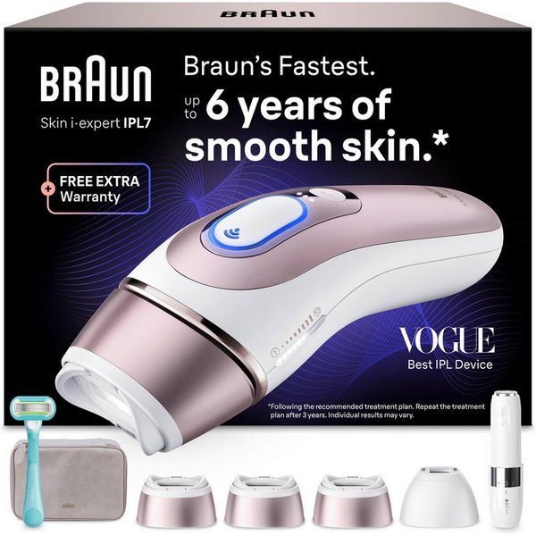 Braun IPL-Haarentferner Braun Smart Skin i·expert PL7432, 4 smarte Aufsätze, Mini-Gesichtsrasierer, Venus Rasierer, Tasche, Laser-Haarentfernung für Zuhause, Da