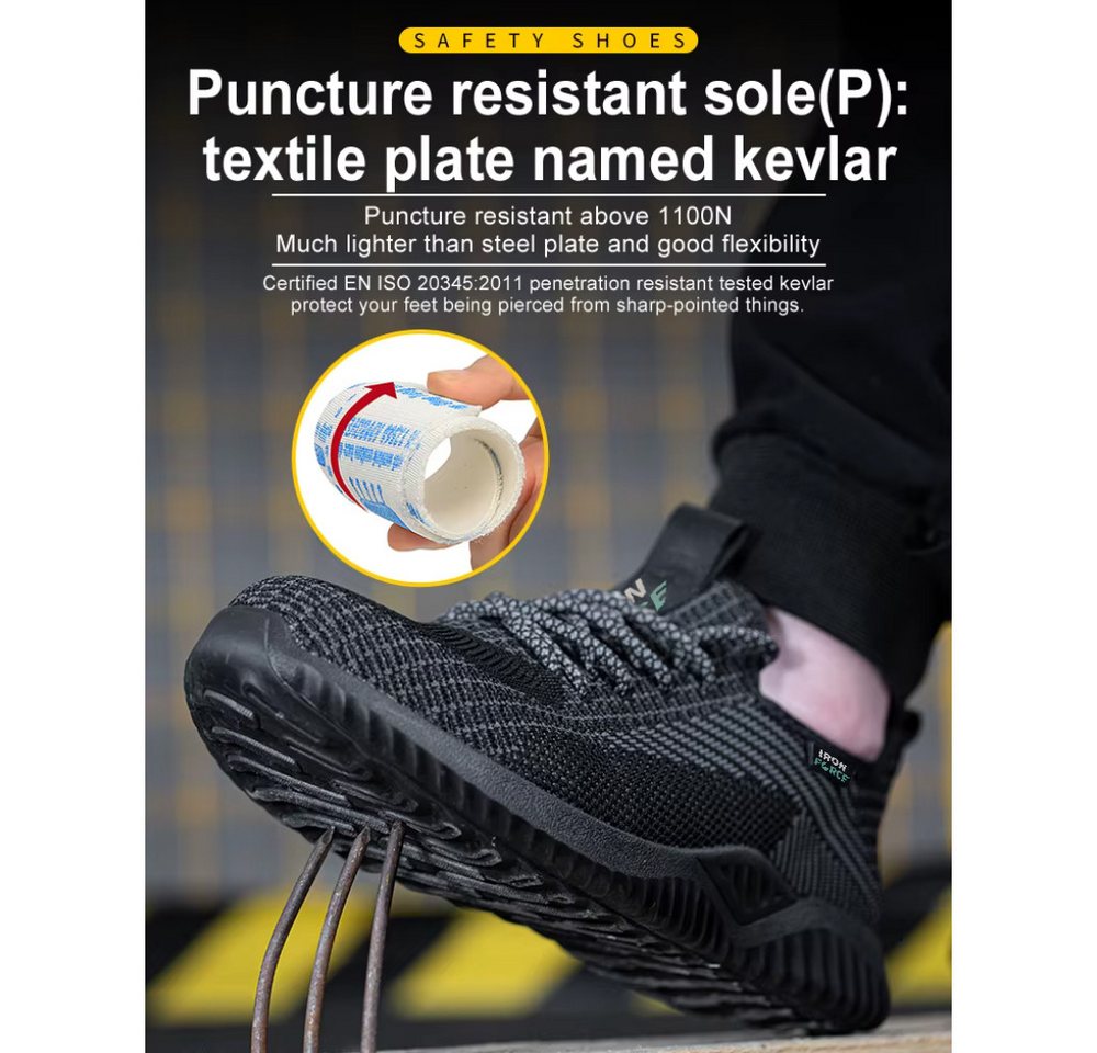 IRON FORCE S1 / S1P oder SBP - jeweils CE ISO zertifizierter Sicherheitsschuh (durchtrittsicher, bequem, leicht, rutschfest, atmungsaktiv) Stahlkappenschuhe Arb – Bild 4 von 5