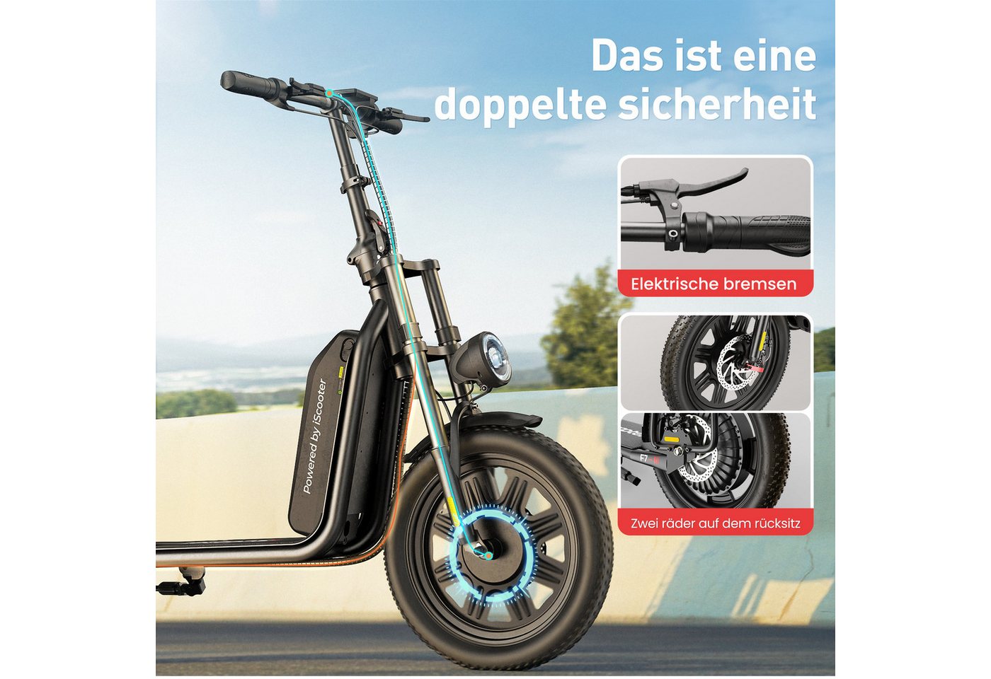 iscooter E-Scooter E Scooter mit Straßenzulassung,16 × 3.0 Zoll Fat Tire E Roller, 100Km Max Reichweite,mit Klapprad Korb und Lenker mit App – Bild 3 von 5