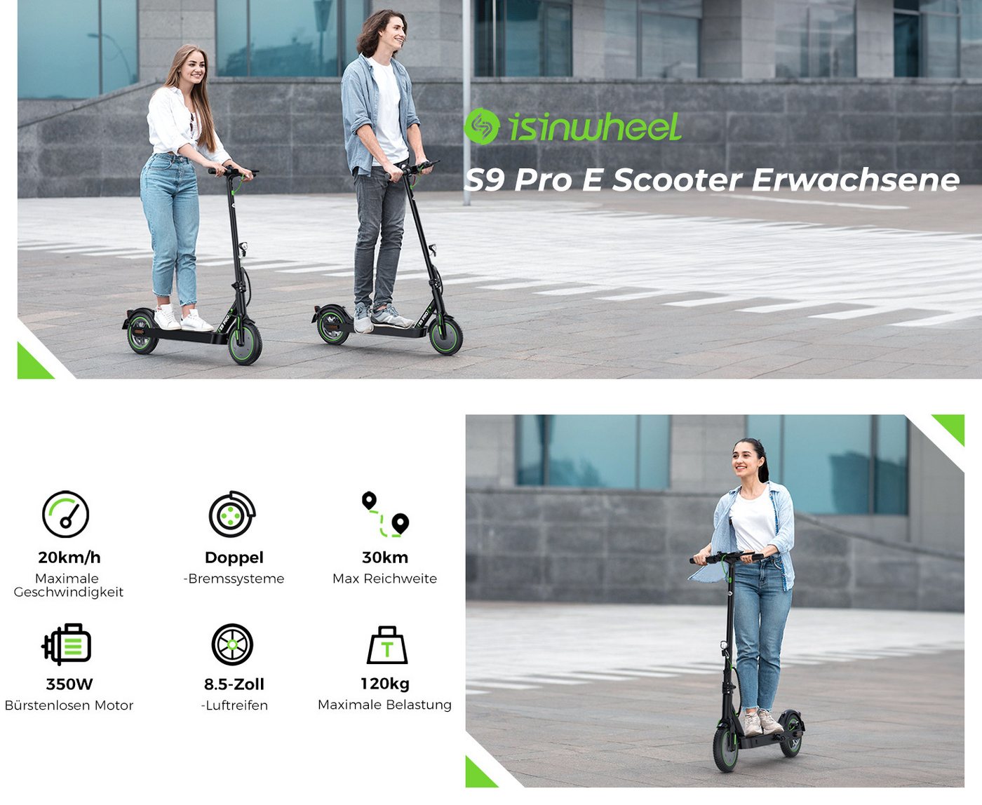 iSinwheel E-Scooter 2 Stück 8.5 Zoll E Scooter mit Straßenzulassung, Doppelfederung, 350,00 W, 20,00 km/h, 30 KM Reichweite, klappbar, Duales Bremssystem, Belas – Bild 4 von 5