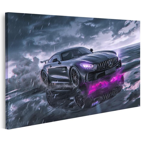 islandburner Leinwandbild, Mercedes im Gewitter mit lila Neonlicht