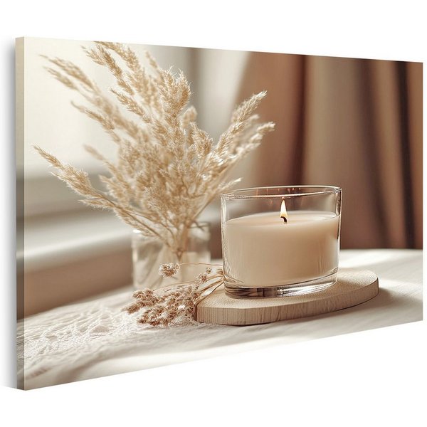 islandburner Leinwandbild, Gemütliche Kerze und Trockenblumen am Fenster