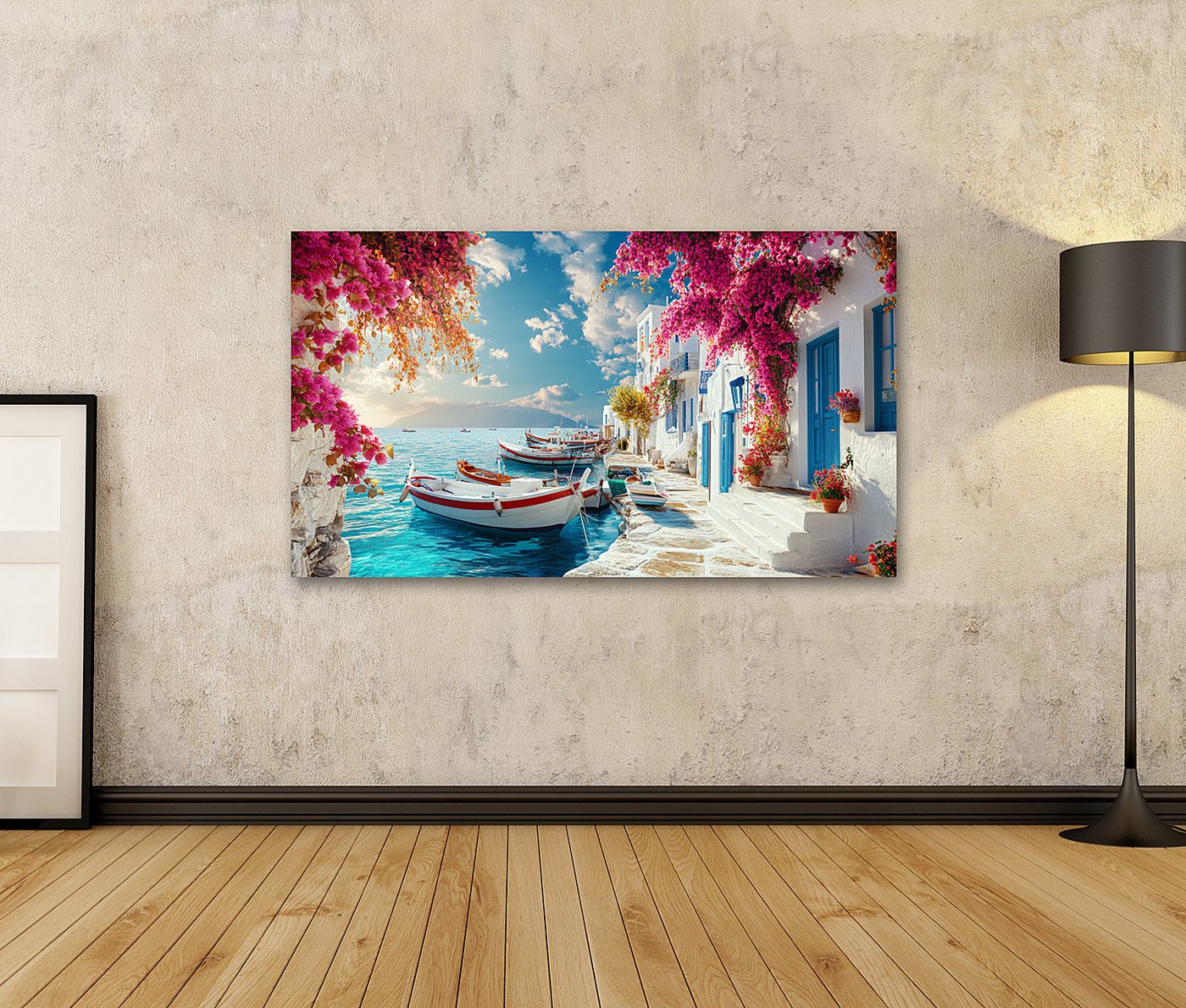 islandburner Leinwandbild, Idyllische griechische Küstenstadt mit blühenden Bougainvilleas – Bild 2 von 4