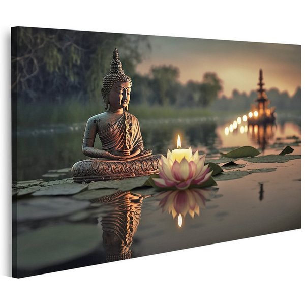 islandburner Leinwandbild Buddha Meditation mit Kerzen und Lotusblume im Wasser Wandbild