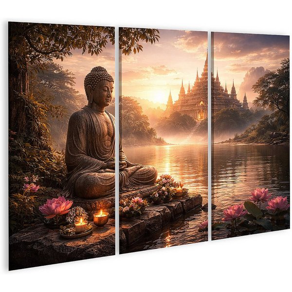 islandburner Leinwandbild Buddha Statue am See mit Lotusblumen und Tempel im Hintergrund -
