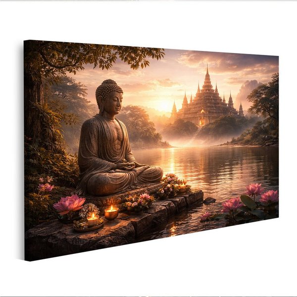 islandburner Leinwandbild Buddha Statue am See mit Lotusblumen und Tempel im Hintergrund -
