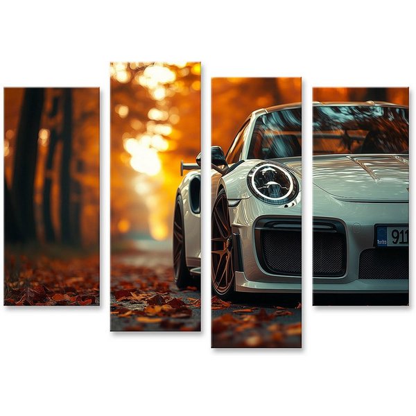 islandburner Leinwandbild, Herbstlicher Porsche im Sonnenuntergang