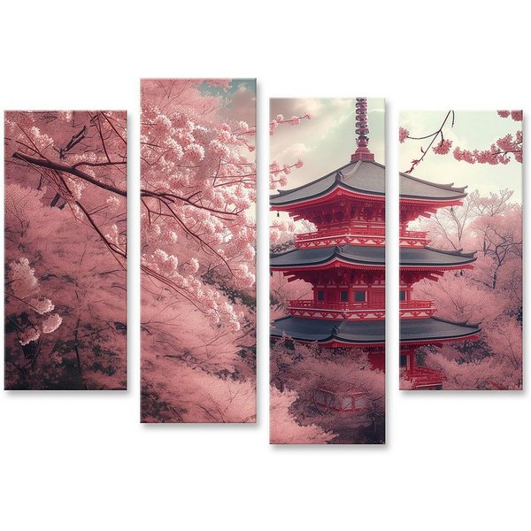 islandburner Leinwandbild Kirschblüten und Rote Pagode im Frühlingsgarten Japan