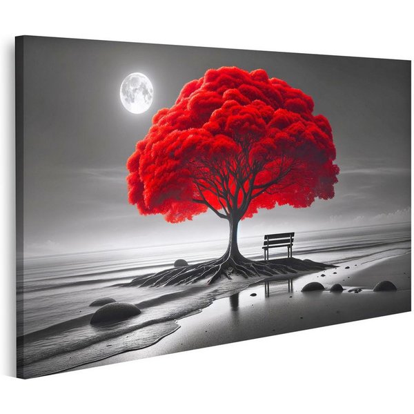 islandburner Leinwandbild Leuchtend Roter Baum an Einem Monochromen Strand Mit Mond