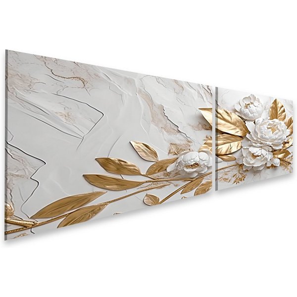 islandburner Leinwandbild Marmor Textur Weiß Gold Farben Goldene Blumen Luxuriöses Des Bilder