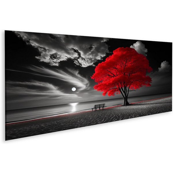 islandburner Leinwandbild Roter Baum an einem mondhellen Strand in Schwarz-Weiß