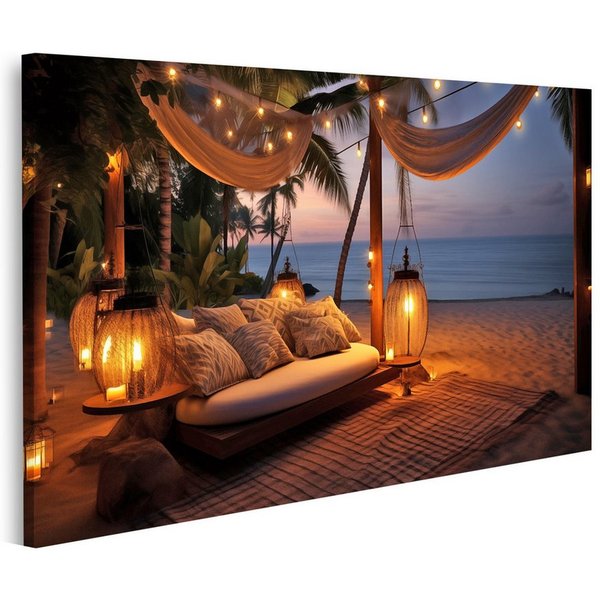 islandburner Leinwandbild Strandabend: Luxusresort, beleuchtet durch Kerzen, Café, Hängematte &