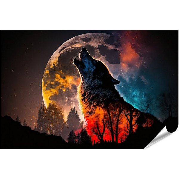islandburner Poster Doppelbelichtung Heulender Wolf Silhouette Vollmondhimmel Fotodruck