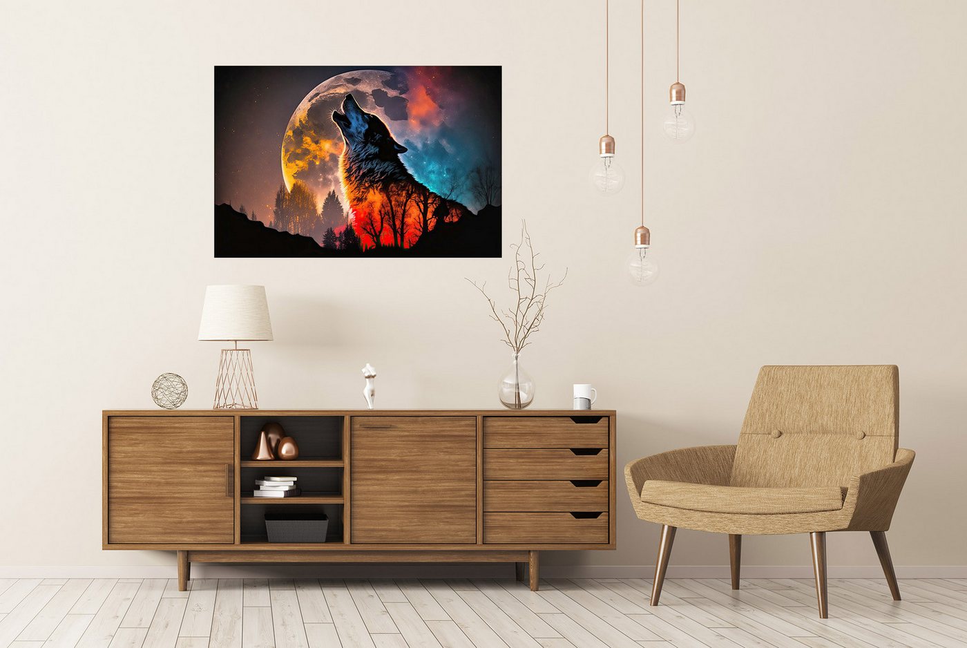 islandburner Poster Doppelbelichtung Heulender Wolf Silhouette Vollmondhimmel Fotodruck – Bild 2 von 5