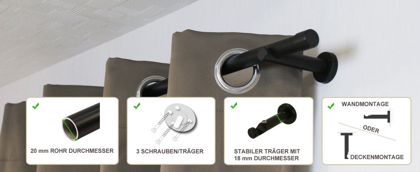 iso-design Gardinenstange 20 mm Schwarz oder Weiss Endstück Kappe Wand- oder Deckenmontage, Ø 20 mm, 1-läufig, Fixmaß, verschraubt, Metall, Gardinenstange aus A – Bild 2 von 5