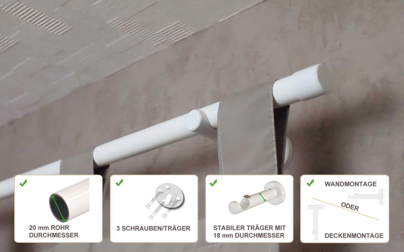iso-design Gardinenstange 20 mm Schwarz oder Weiss Endstück Kappe Wand- oder Deckenmontage, Ø 20 mm, 1-läufig, Fixmaß, verschraubt, Metall, Gardinenstange aus A – Bild 2 von 5
