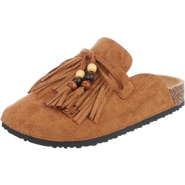 Ital-Design Damen Clog mit Fransen und Perlen, Schlupfschuh Pantolette (91742360) Flach Pantoletten in Camel