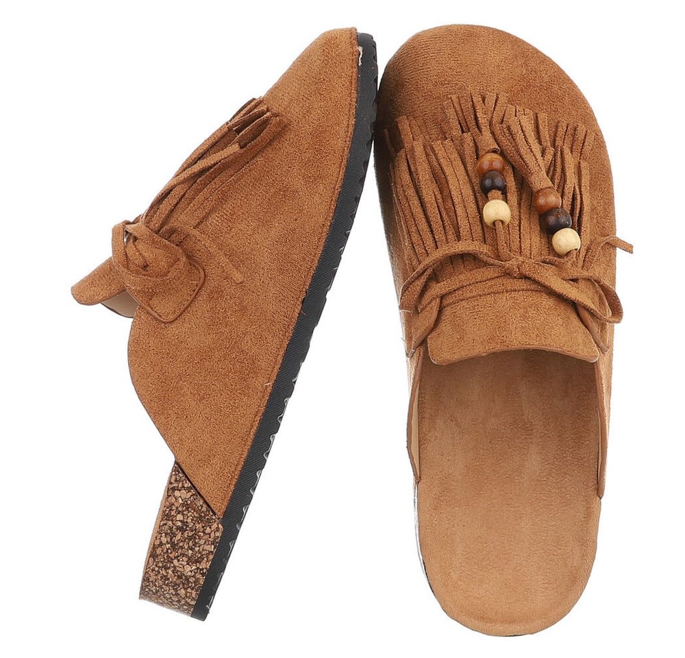 Ital-Design Damen Clog mit Fransen und Perlen, Schlupfschuh Pantolette (91742360) Flach Pantoletten in Camel – Bild 2 von 5
