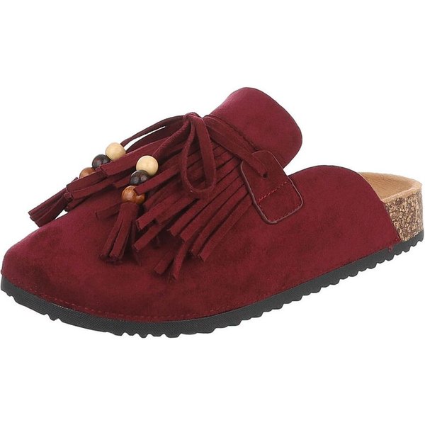 Ital-Design Damen Clog mit Fransen und Perlen, Schlupfschuh Pantolette (91742366) Flach Pantoletten in Weinrot