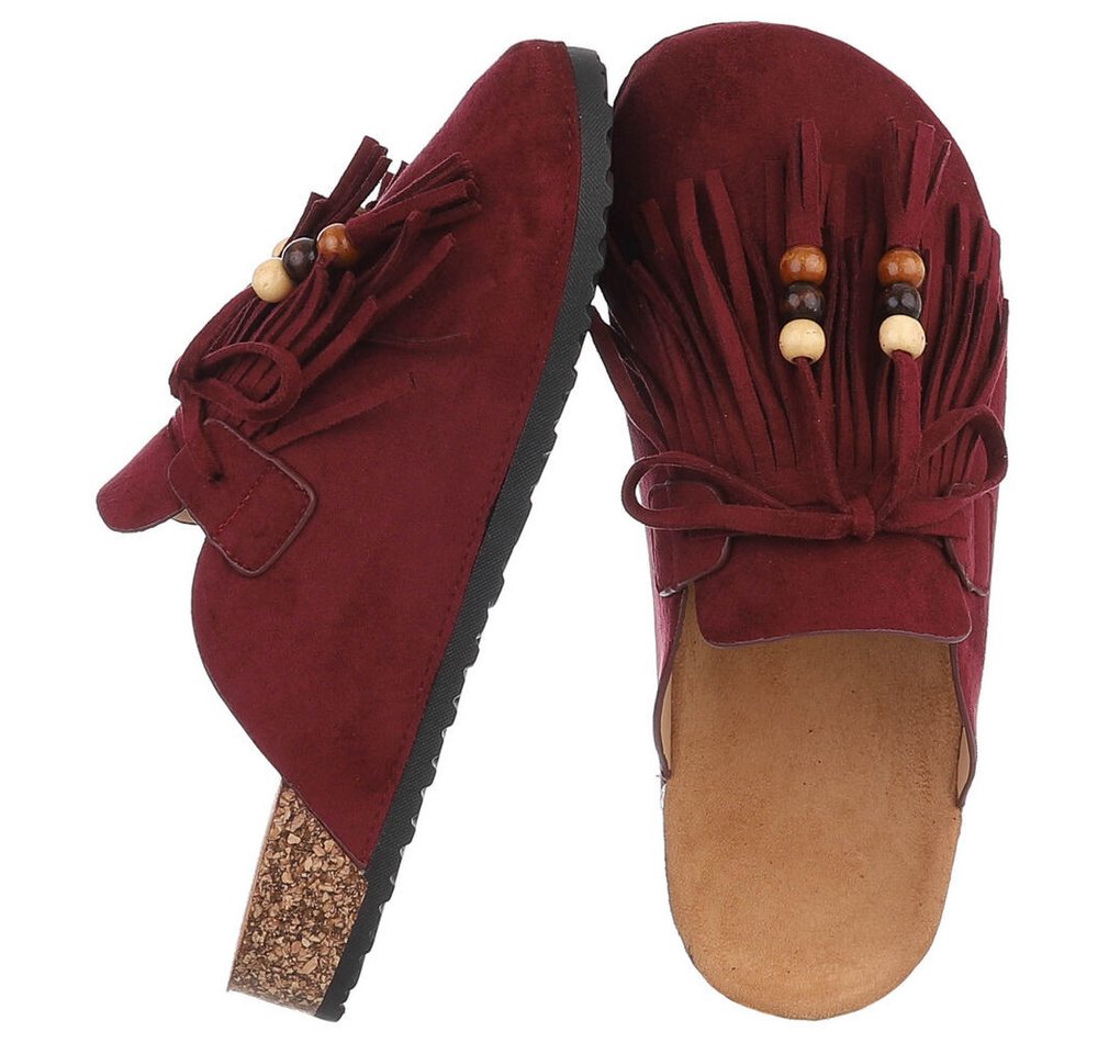 Ital-Design Damen Clog mit Fransen und Perlen, Schlupfschuh Pantolette (91742366) Flach Pantoletten in Weinrot – Bild 2 von 5