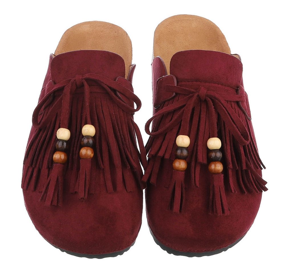 Ital-Design Damen Clog mit Fransen und Perlen, Schlupfschuh Pantolette (91742366) Flach Pantoletten in Weinrot – Bild 4 von 5