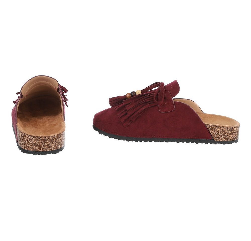Ital-Design Damen Clog mit Fransen und Perlen, Schlupfschuh Pantolette (91742366) Flach Pantoletten in Weinrot – Bild 5 von 5