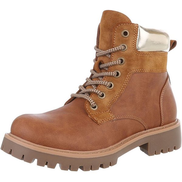 Ital-Design Damen Schnürschuhe Freizeit Stiefelette (87531901) Blockabsatz Schnürstiefeletten in Camel