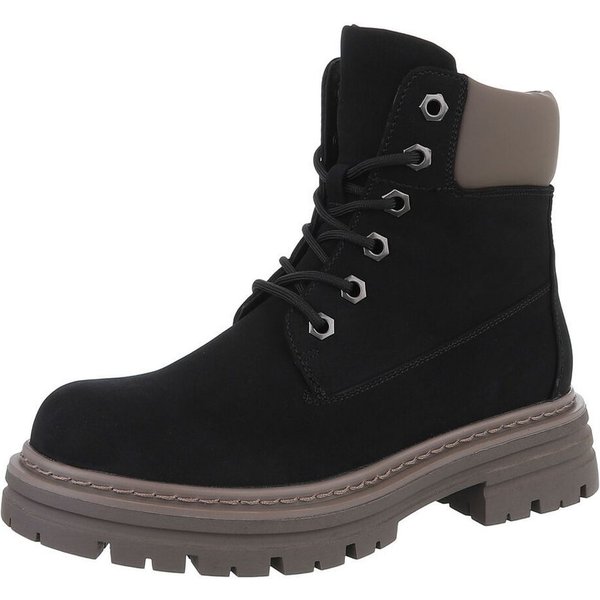 Ital-Design Damen Schnürschuhe Freizeit Stiefelette (87740351) Blockabsatz Plateaustiefeletten in Schwarz