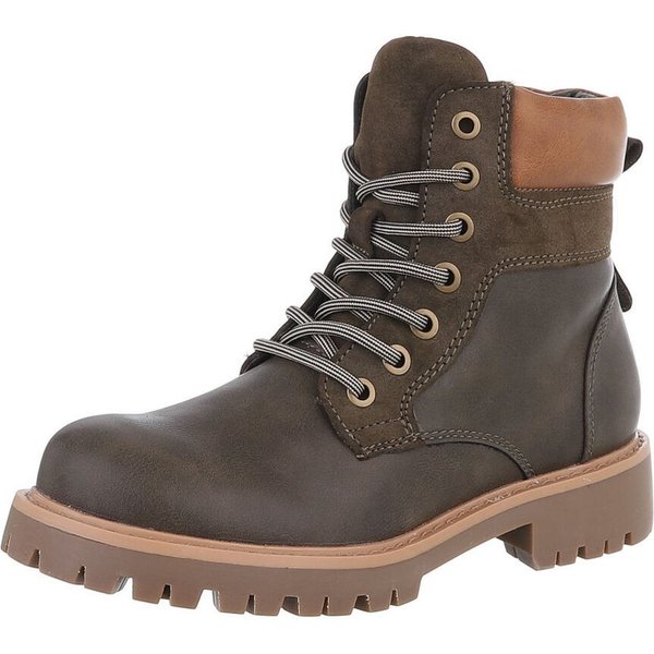 Ital-Design Damen Schnürschuhe Freizeit Stiefelette (87531893) Blockabsatz Schnürstiefeletten in Khaki
