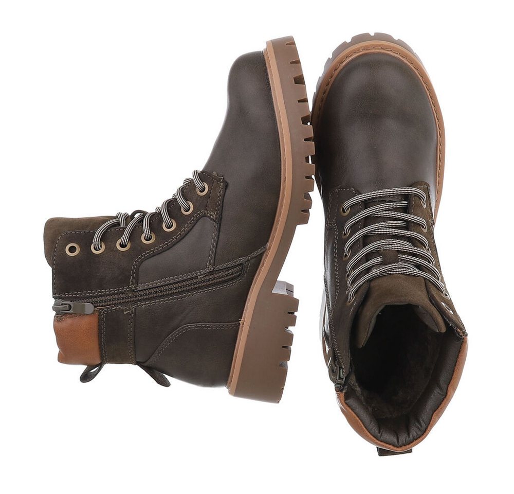 Ital-Design Damen Schnürschuhe Freizeit Stiefelette (87531893) Blockabsatz Schnürstiefeletten in Khaki – Bild 2 von 5