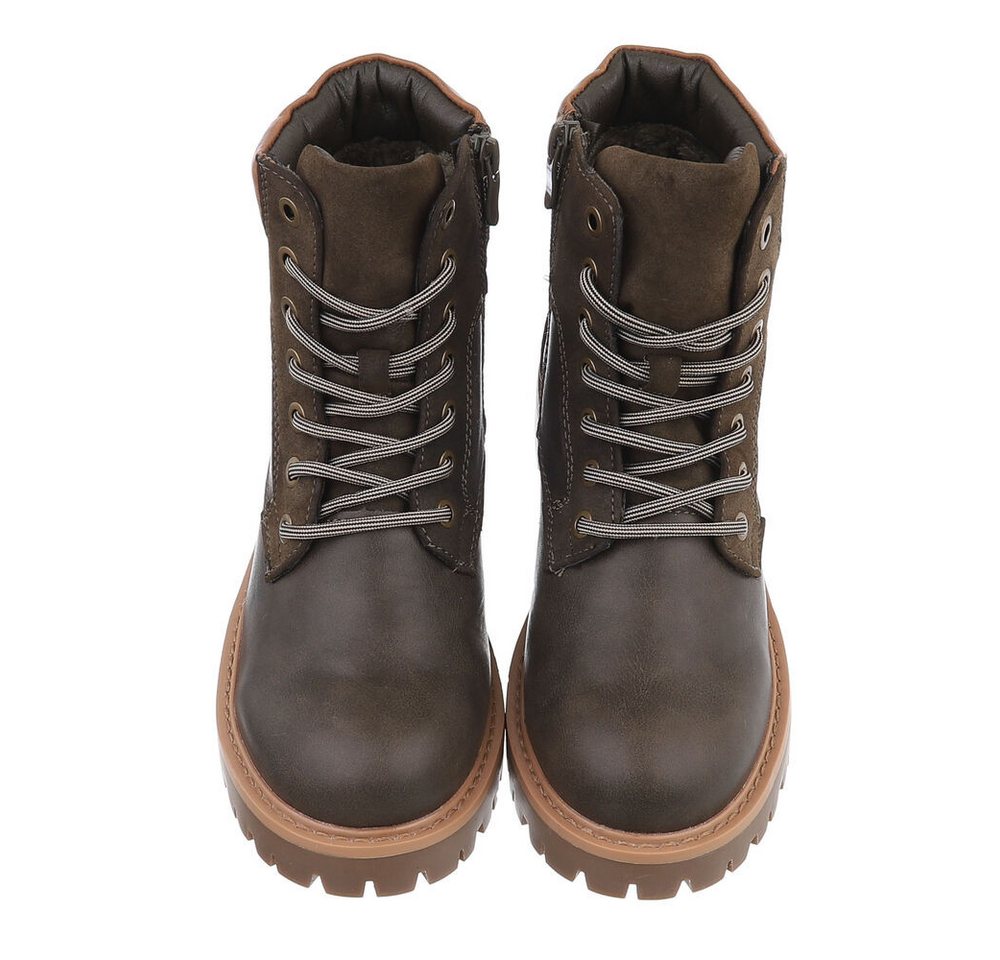 Ital-Design Damen Schnürschuhe Freizeit Stiefelette (87531893) Blockabsatz Schnürstiefeletten in Khaki – Bild 4 von 5