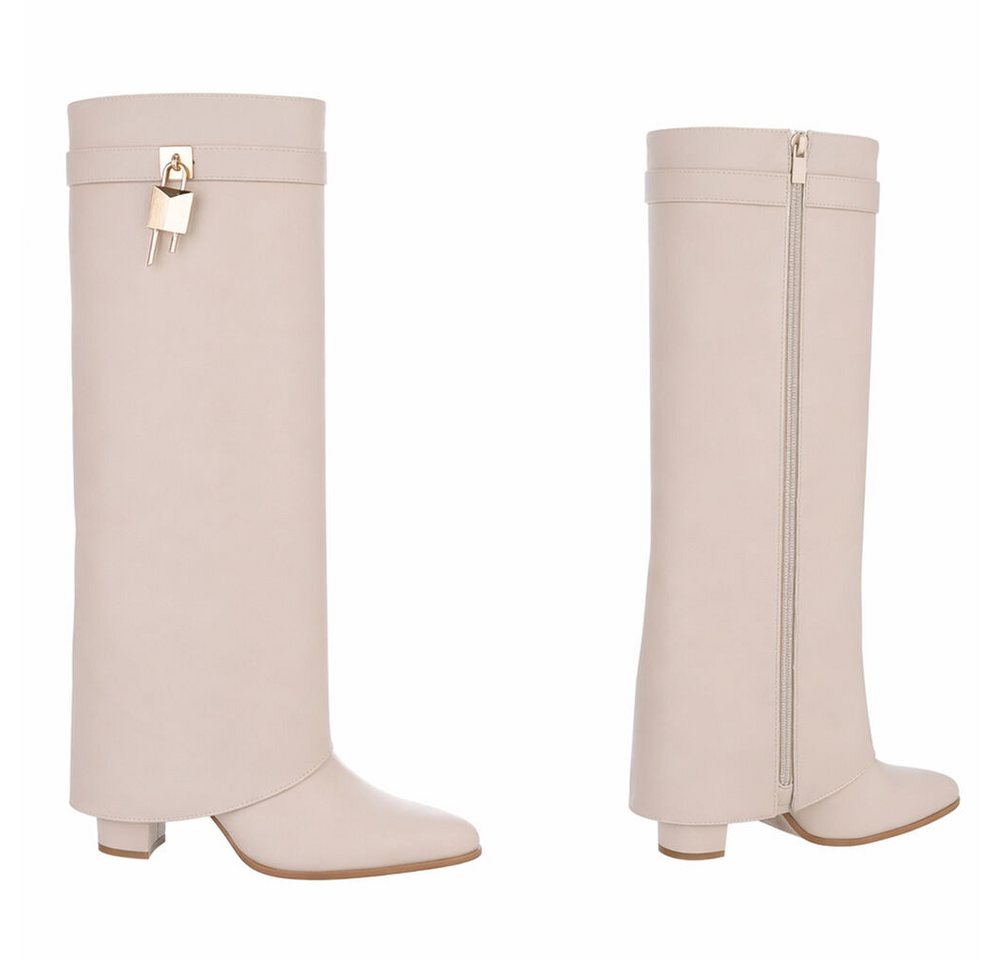 Ital-Design Elegante Stiefel mit hohem Schaft und Blockabsatz für Damen High-Heel-Stiefel (90948428) Blockabsatz Stiefel in Beige – Bild 4 von 5