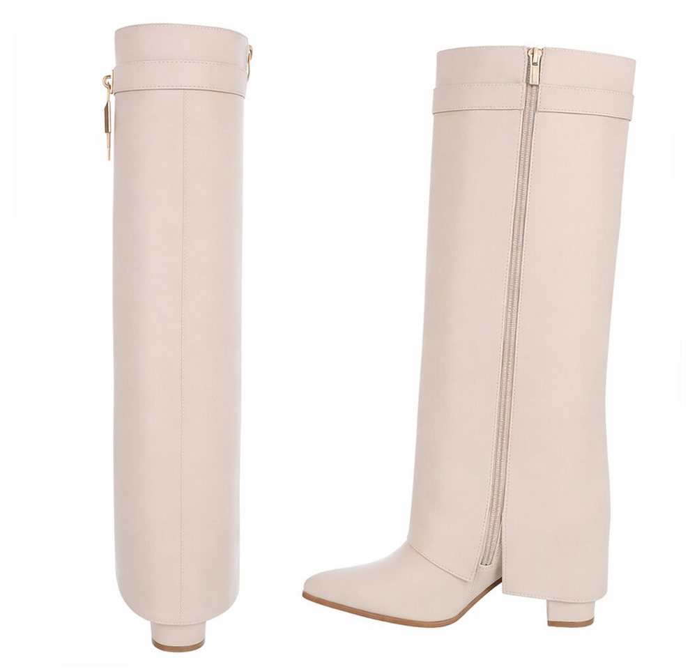 Ital-Design Elegante Stiefel mit hohem Schaft und Blockabsatz für Damen High-Heel-Stiefel (90948428) Blockabsatz Stiefel in Beige – Bild 5 von 5