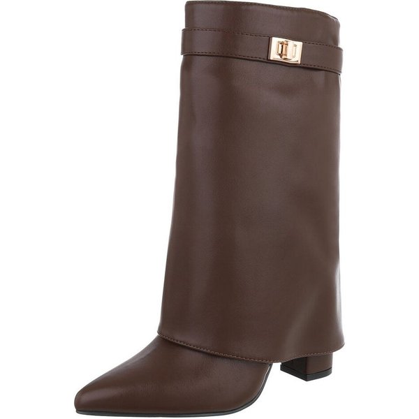 Ital-Design Elegante Stiefeletten mit umgeschlagenem Schaft für Damen High-Heel-Stiefel (90169660) Blockabsatz Stiefel in Braun