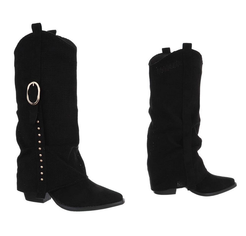 Ital-Design Moderne Stiefel mit perforiertem Design und goldenen Details Westernstiefel (91154658) Blockabsatz Stiefel in Schwarz – Bild 4 von 5