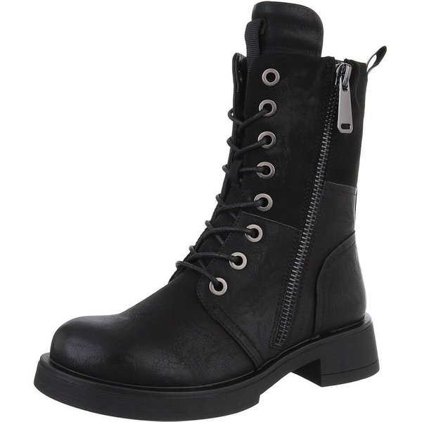 Ital-Design Modischer Damen-Boot mit Reißverschluss und Schnürung Schnürstiefelette (90515097) Blockabsatz Schnürstiefeletten in Schwarz