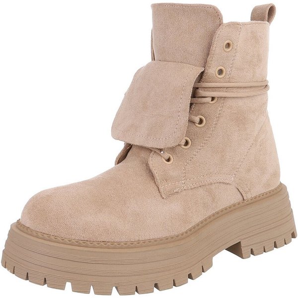 Ital-Design Robuste Damen Freizeitboots mit markanter Sohle Schnürstiefelette (90169547) Blockabsatz Stiefeletten in Beige