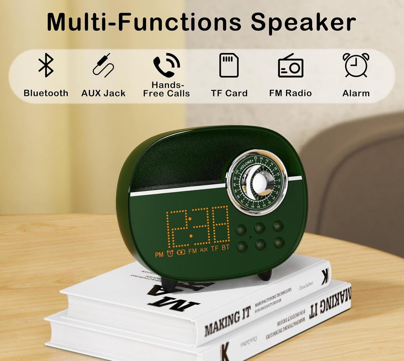 iTOMA Radiowecker Retro-Digitalwecker Bluetooth 5.1 UKW-Radio Nachtlicht Akku Grün Bluetooth 5.1, UKW-Radio, Nachtlicht, USB-C-Akku, Freisprechfunktion – Bild 2 von 5