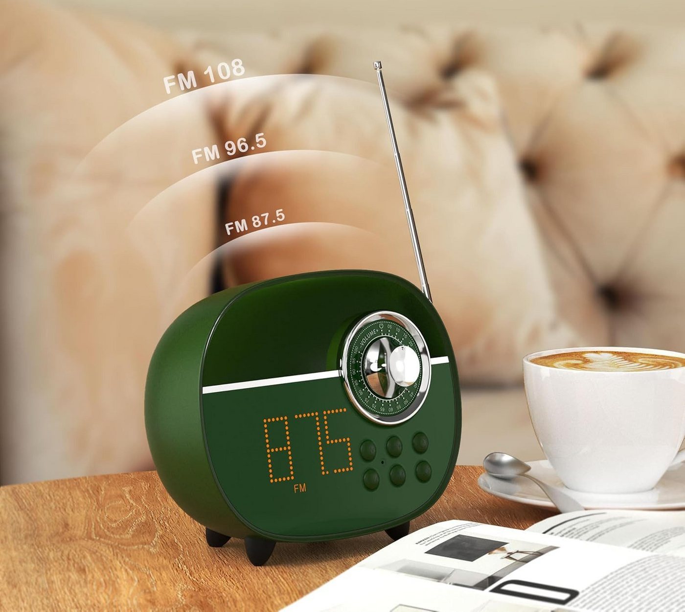 iTOMA Radiowecker Retro-Digitalwecker Bluetooth 5.1 UKW-Radio Nachtlicht Akku Grün Bluetooth 5.1, UKW-Radio, Nachtlicht, USB-C-Akku, Freisprechfunktion – Bild 3 von 5