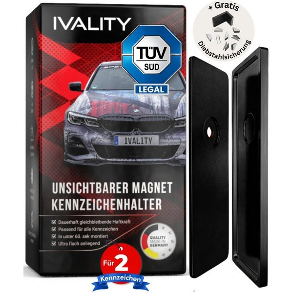 IVALITY Kennzeichenhalter Magnet - 100% Legal - Rahmenlose Halterung für 2 ALU Kennzeichen, (Das ORIGINAL - Premium Set -, 2-St., 100% Legal), Stärkste Magnete 