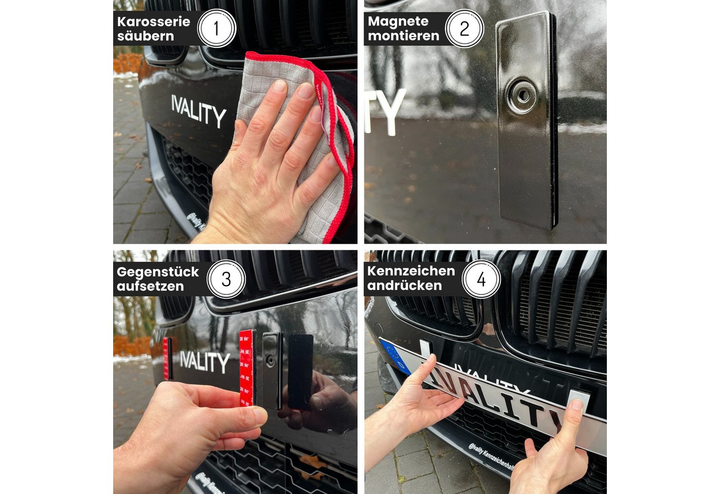 IVALITY Kennzeichenhalter Magnet - 100% Legal - Rahmenlose Halterung für 2 ALU Kennzeichen, (Das ORIGINAL - Premium Set -, 2-St., 100% Legal), Stärkste Magnete  – Bild 5 von 5
