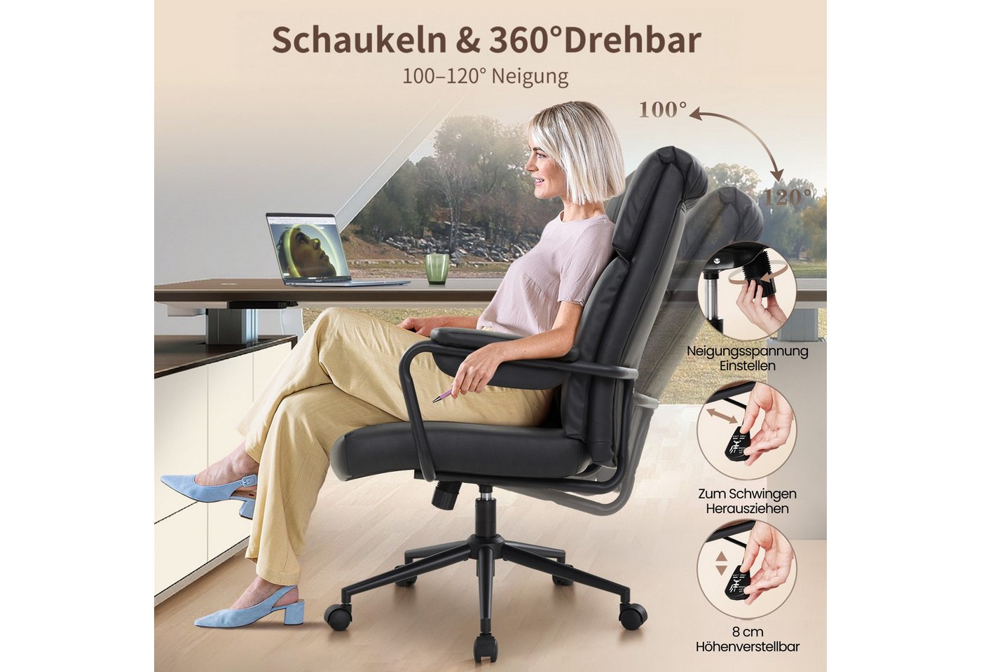 IWMH Bürostuhl Ergonomischer Chefsessel, Retro PU-Leder Drehstuhl, Schreibtischstuhl mit Lendenwirbelstütze Höhenverstellbar Gaming Stuhl – Bild 2 von 5