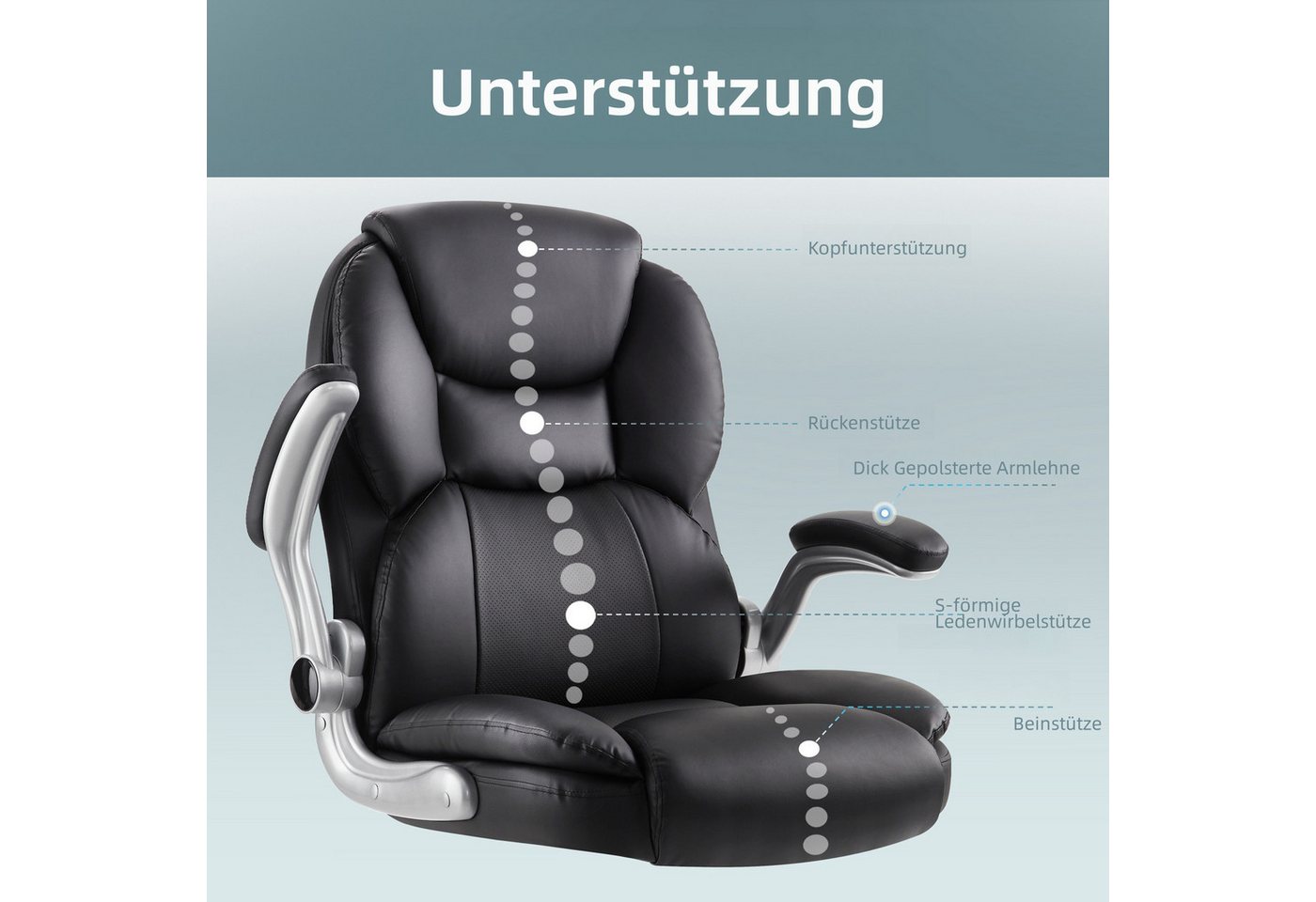 IWMH Chefsessel Ergonomischer Bürostuhl, Höhenverstellbar Gaming Stuhl (PU-Leder Schreibtischstuhl), Drehstuhl mit klappbarer Armlehnen und Lendenwirbelstütze – Bild 2 von 5