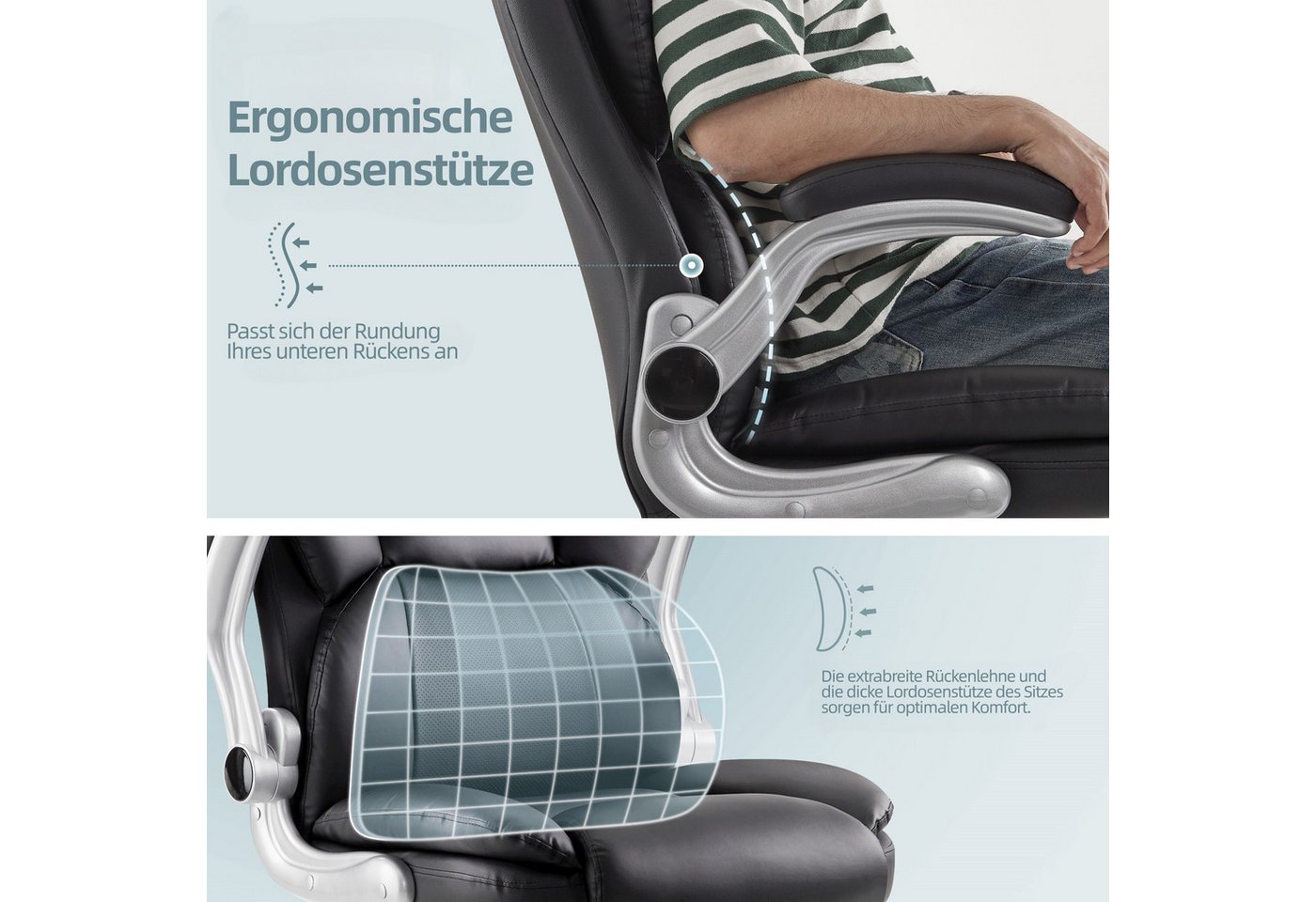 IWMH Chefsessel Ergonomischer Bürostuhl, Höhenverstellbar Gaming Stuhl (PU-Leder Schreibtischstuhl), Drehstuhl mit klappbarer Armlehnen und Lendenwirbelstütze – Bild 3 von 5