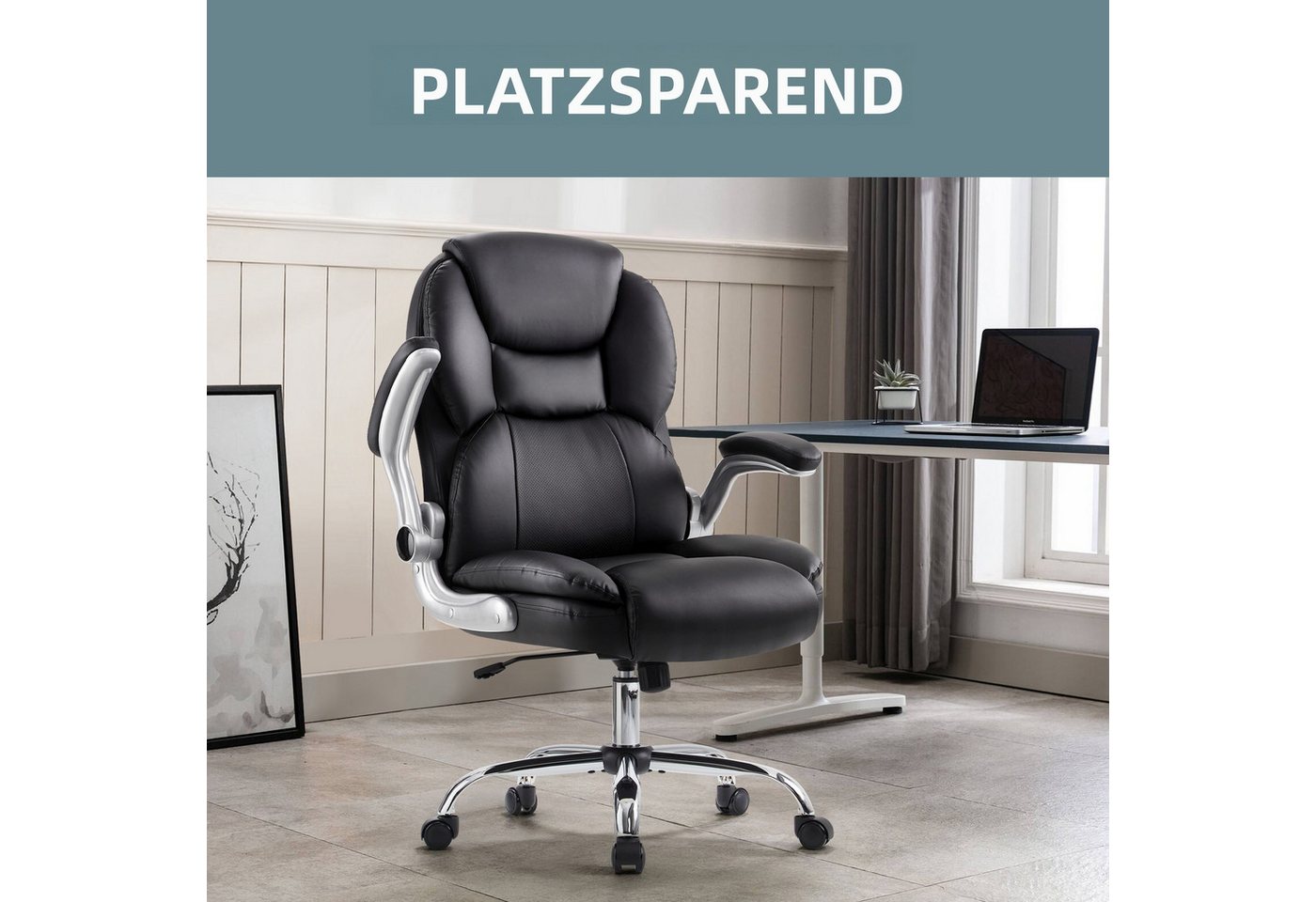 IWMH Chefsessel Ergonomischer Bürostuhl, Höhenverstellbar Gaming Stuhl (PU-Leder Schreibtischstuhl), Drehstuhl mit klappbarer Armlehnen und Lendenwirbelstütze – Bild 5 von 5