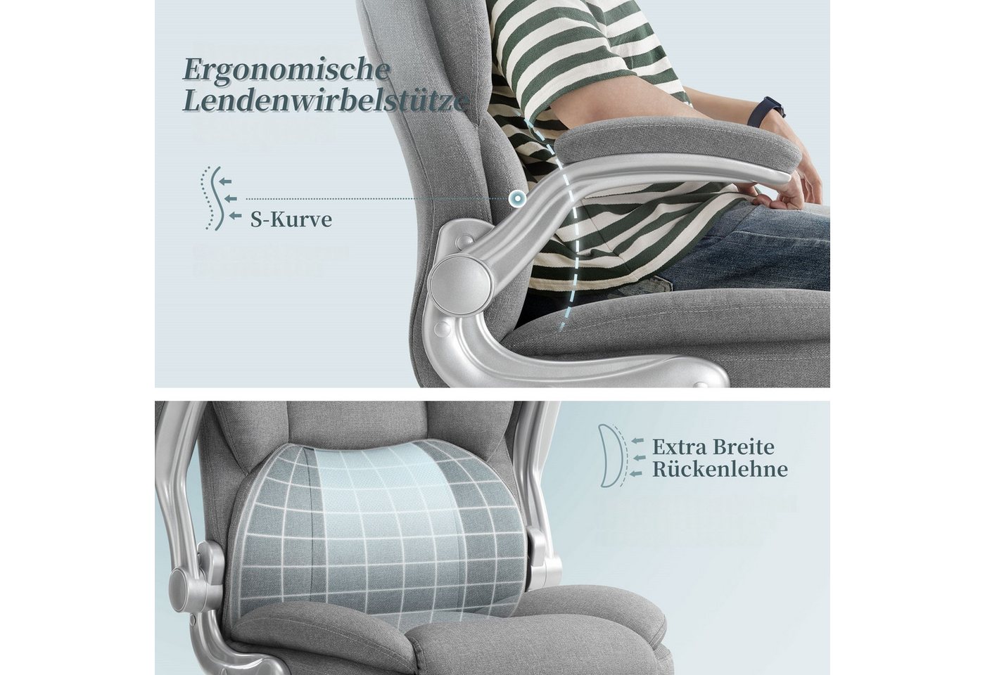 IWMH Chefsessel Ergonomischer Bürostuhl, Höhenverstellbar Gaming Stuhl (Stoff Schreibtischstuhl), Drehstuhl mit klappbarer Armlehnen und Lendenwirbelstütze – Bild 3 von 5