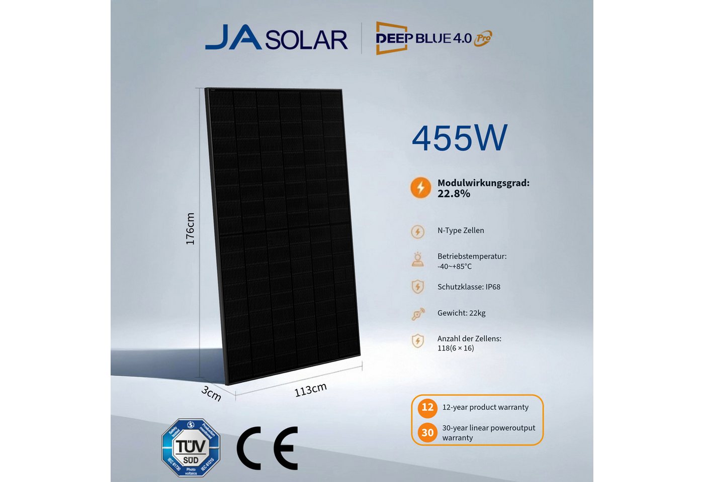 JA SOLAR Solarmodul Solarmodul 455W N-Type Bifazia Glas-Glas, 22.8% Efficiency full black, 455 W, (1-St., 22.8% Moduleffizienz), IP68 – Bild 3 von 5