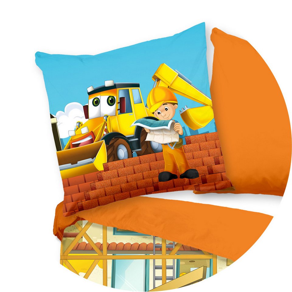 JACK Bettwäsche 135x200cm, Baustellen-Abenteuer, Renforcé, 2 teilig, cooles Baustellen Motiv, Orange – Bild 3 von 5