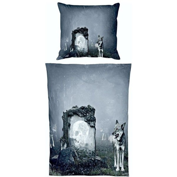 JACK Bettwäsche Microfaser Bettwäsche 135x200cm Wolf Guard Tier Fantasy Totenkopf Grau, Microfaser, 2 teilig, fotorealistischer Print Druck, Mystisch und geheim